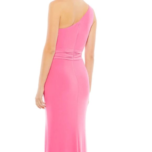 MAC DUGGAL 26581 STRETCH JERSEY ONE SHOULDER BELTED TRUMPET CANDY PINK GOWN sz 4 - Picture 4 of 8